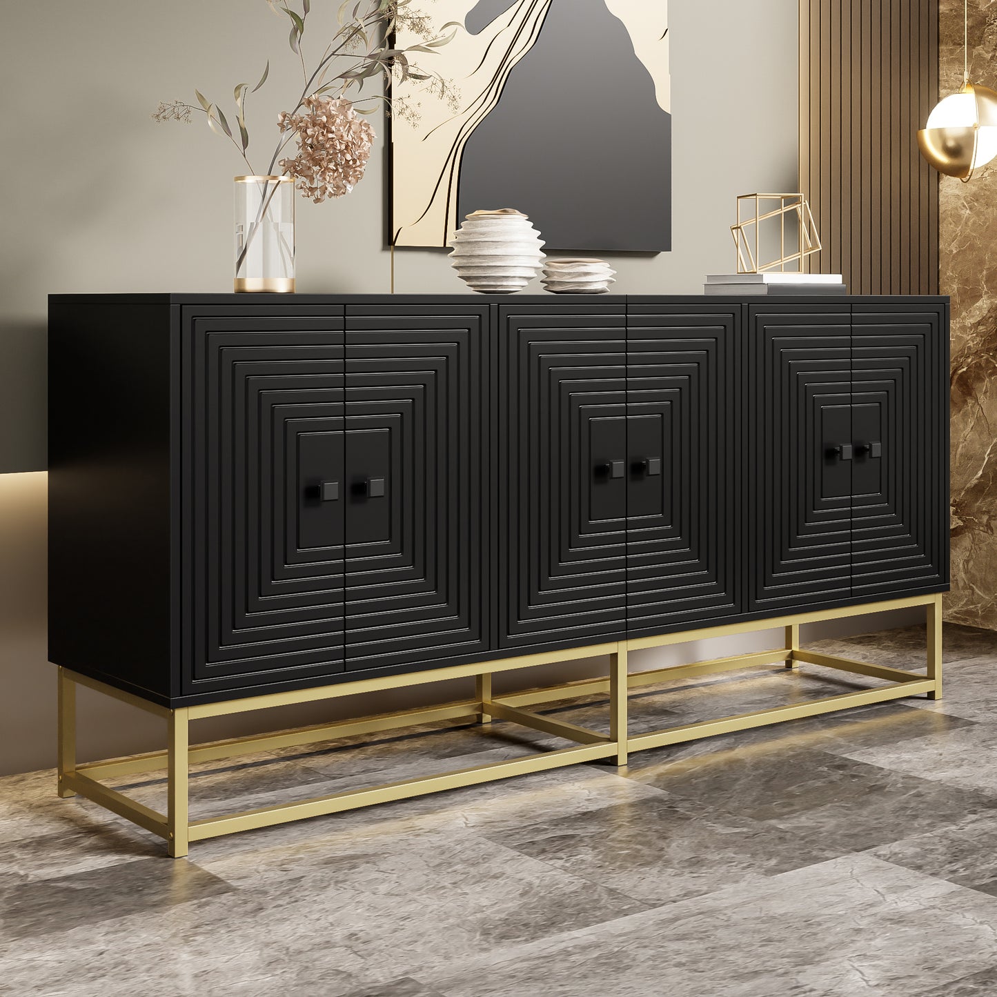 Modern Black Storage Cabinet With 3 Double Doors, Large Storage Space And Matt Surface   Stylish Sideboard Cabinet For Living Room, Dining Room & Office, Practical Organization In Everyday Life