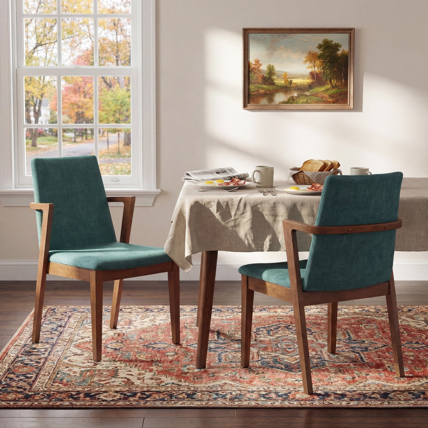 Mid-Century Modern Dining Chairs Set Of 2 - Green Fabric Upholstered Armchairs With Walnut Color Rubber Wood Frame, 250lbs Capacity For Kitchen & Dining Room