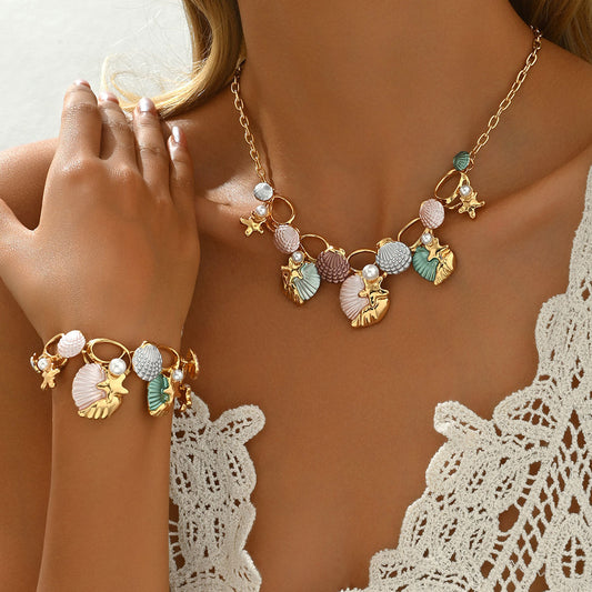 European American Cross-border Ocean Style Women Jewelry Set, Geometric Starfish & Shell Necklace Bracelet Inlaid Faux Pearl, Versatile Daily Neck Wrist Accessories