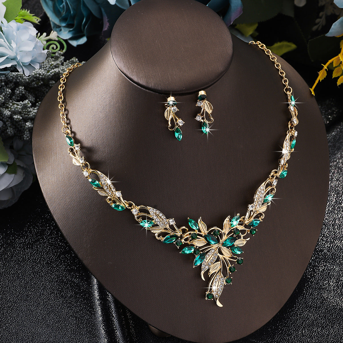 Korean Style Bridal Jewelry 2Pcs Set, Leaf Cubic Zirconia Collarbone Necklace & Drop Earrings, Wedding Dress Formal Accessories For Women