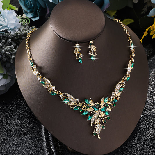 Korean Style Bridal Jewelry 2Pcs Set, Leaf Cubic Zirconia Collarbone Necklace & Drop Earrings, Wedding Dress Formal Accessories For Women
