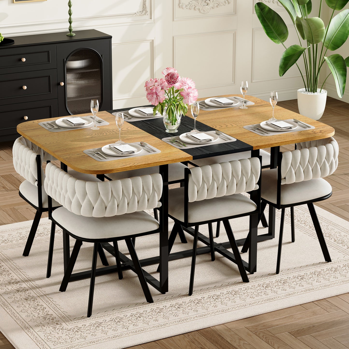 7-Piece Rectangular Dining Table Set, Fixed Two-Tone Wood Grain & Black Triamine Tabletop With 6 Beige Velvet Chairs, Modern Kitchen Table Set For 6 People, Ideal For Small Spaces, Apartment