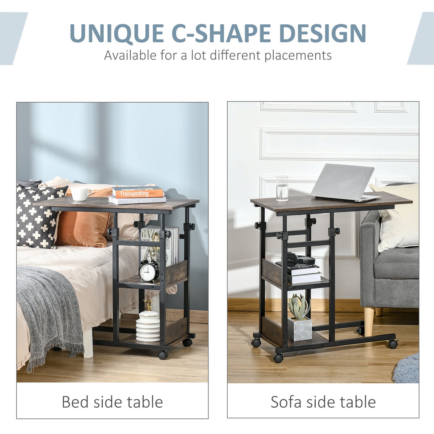 C-Shaped Side Table Industrial Mobile Rolling End Desk With 3-Tier Storage Shelving, Adjustable Height, Wheels