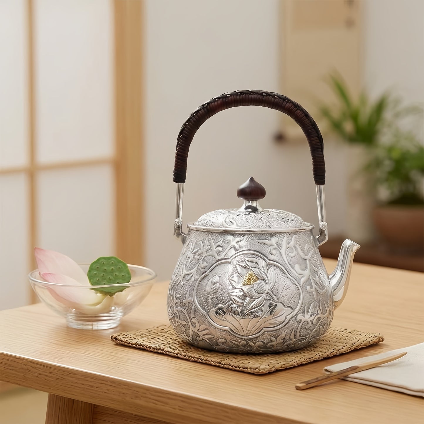 925 Sterling Silver Ornate Handcrafted Sterling Silver Tea Kettle with Lotus Flower Motif and Dark Woven Handle - Handicraft