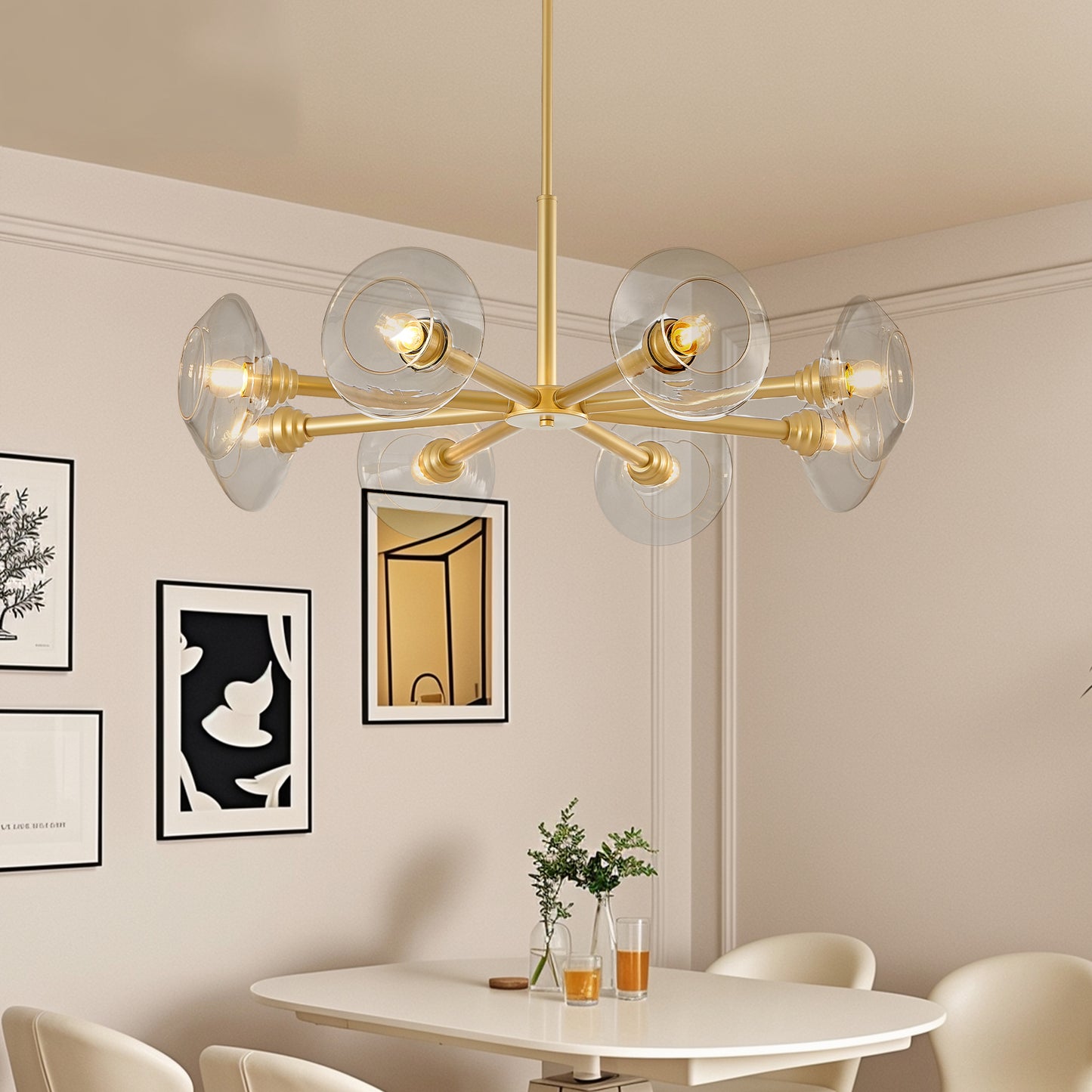 36  Modern Gold 8-Light Sputnik Chandelier With Clear Glass Shades, Mid-Century Hanging Pendant Light Fixture For Dining Room, Living Room, Or Kitchen Bulb Not Included
