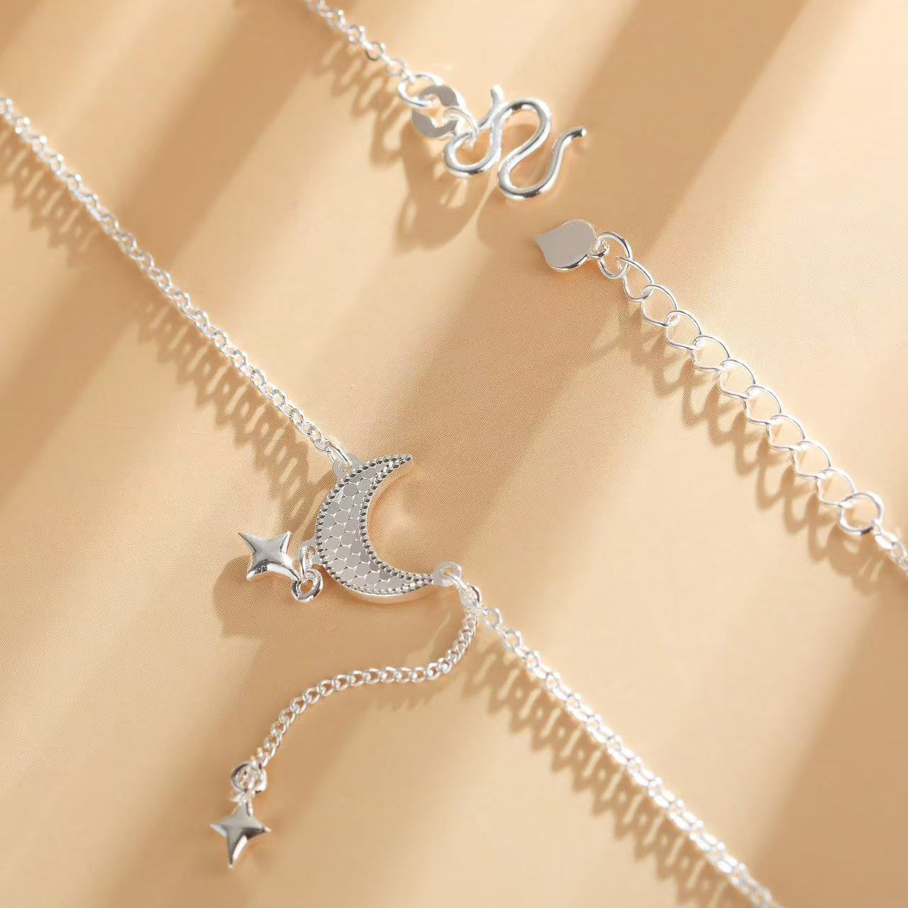 1pc 999 Sterling Silver Moon Star Tassel & Snake Pendant Necklace, Sweet Cool Style, Perfect For Daily Wear & Valentine's Gifts