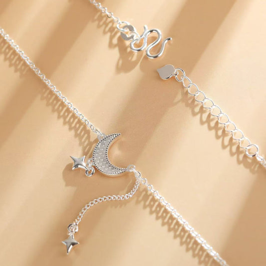 1pc 999 Sterling Silver Moon Star Tassel & Snake Pendant Necklace, Sweet Cool Style, Perfect For Daily Wear & Valentine's Gifts