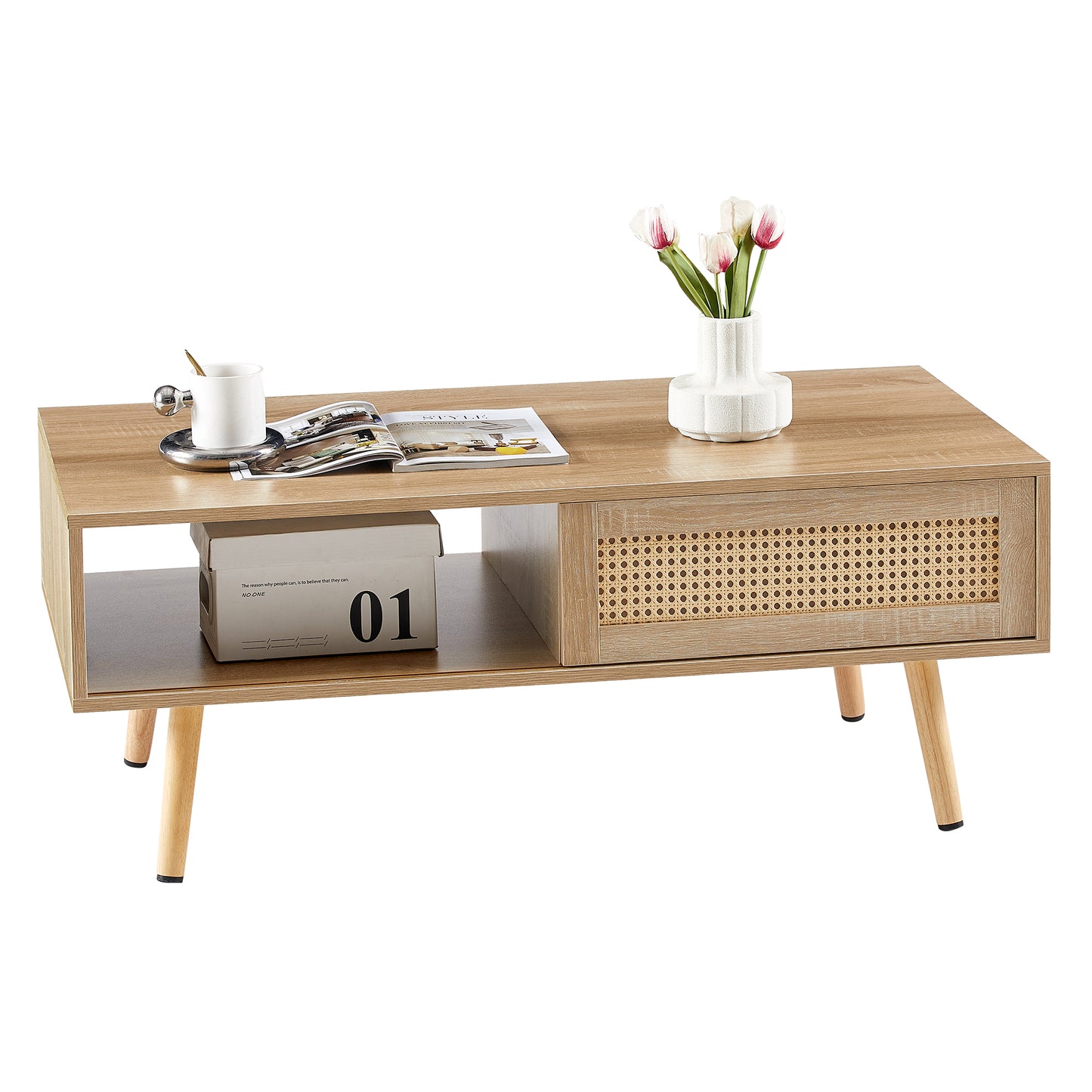 Wicker Coffee Table, Tea Table With Sliding Doors, Solid Wood Legs, Modern Living Room Table, Natural Color-H40 W1050 D55 Cm