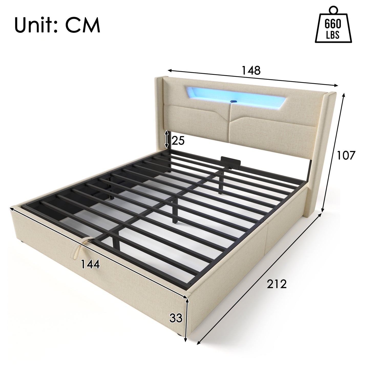 Polsterbett LED Double Bed With USB Type C Charging Function And LED Lighting, Storage Bed Frame Made Of Linen Material Youth Bed 140X200 With Ladder Rust Without Mattress