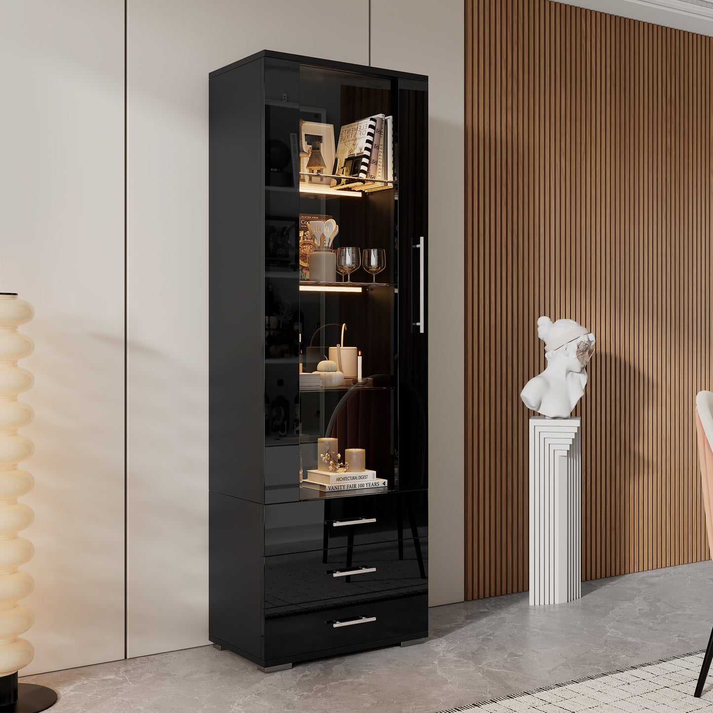 Black High Gloss Display Case, Display Cabinet Glass Display Case, Standing Display Case With LED Lighting, Vertical Display Case With 3 Drawers, 60x35x180cm