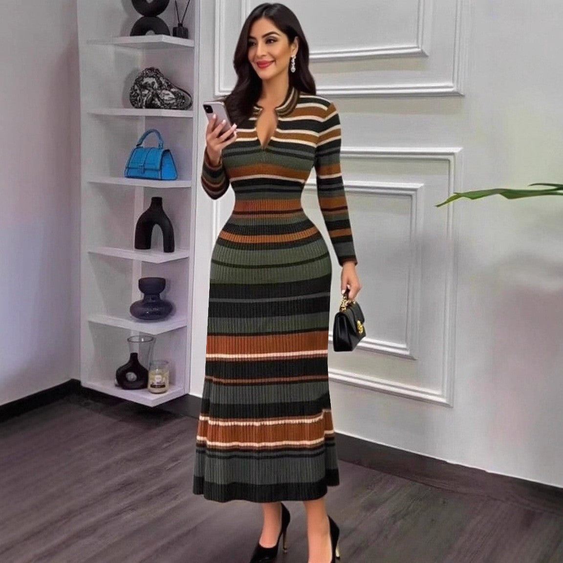 Korean Style Contrast Color Straight Plus Size Knitted Dress