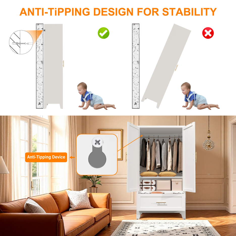 60inch Tall Metal Wardrobe Cabinet With 1 Drawer And Hanging Rod, 2 Doors Wardrobe Closet With Shelf For Bedroom, Office, Laundry Room,Entryway ,Foyer,Guesthouse White