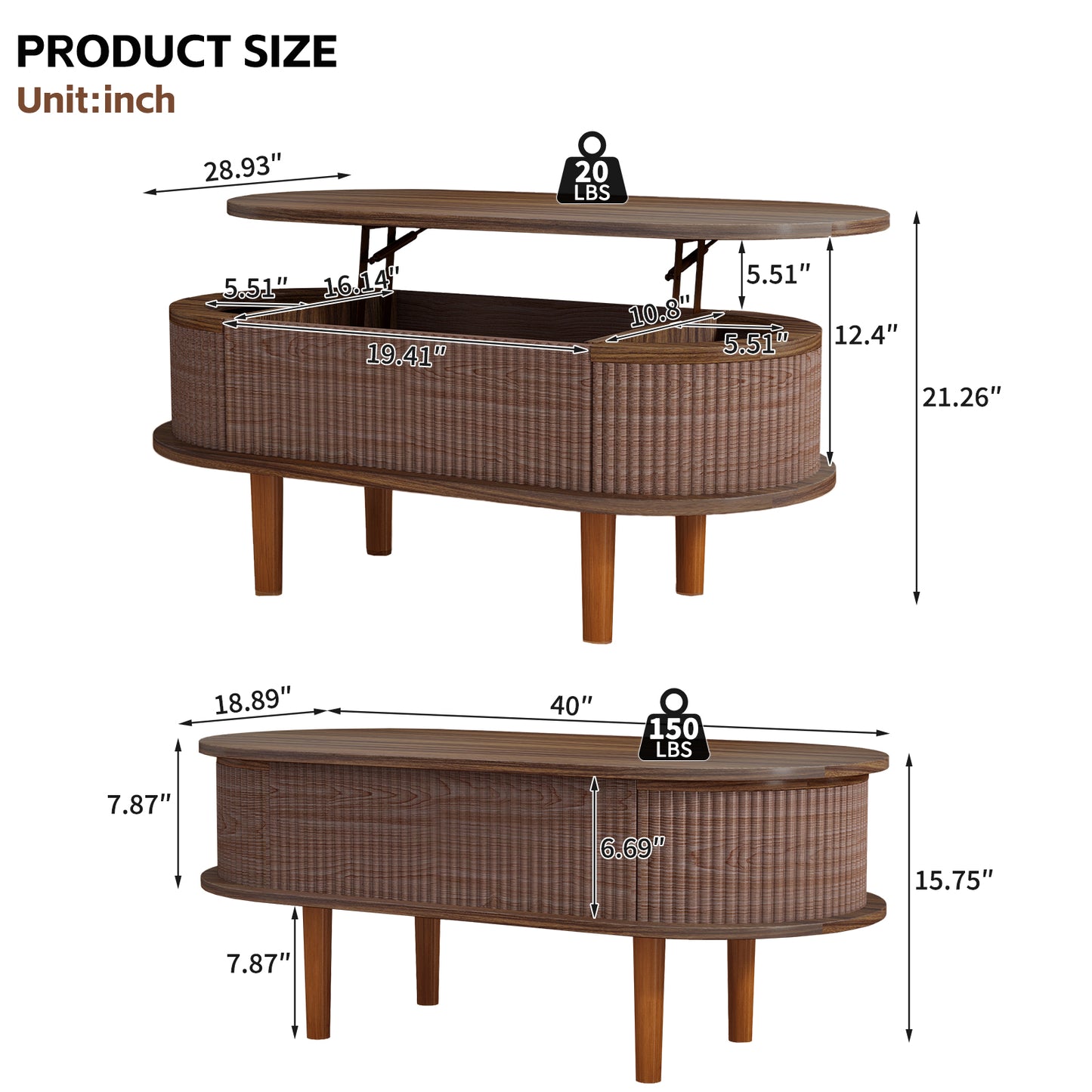 Fluted Lift Top Coffee Table With Hidden Compartment, Wooden Center Table, Modern Oval Lift Tabletop For Home Living Room Office, Walnut Color
