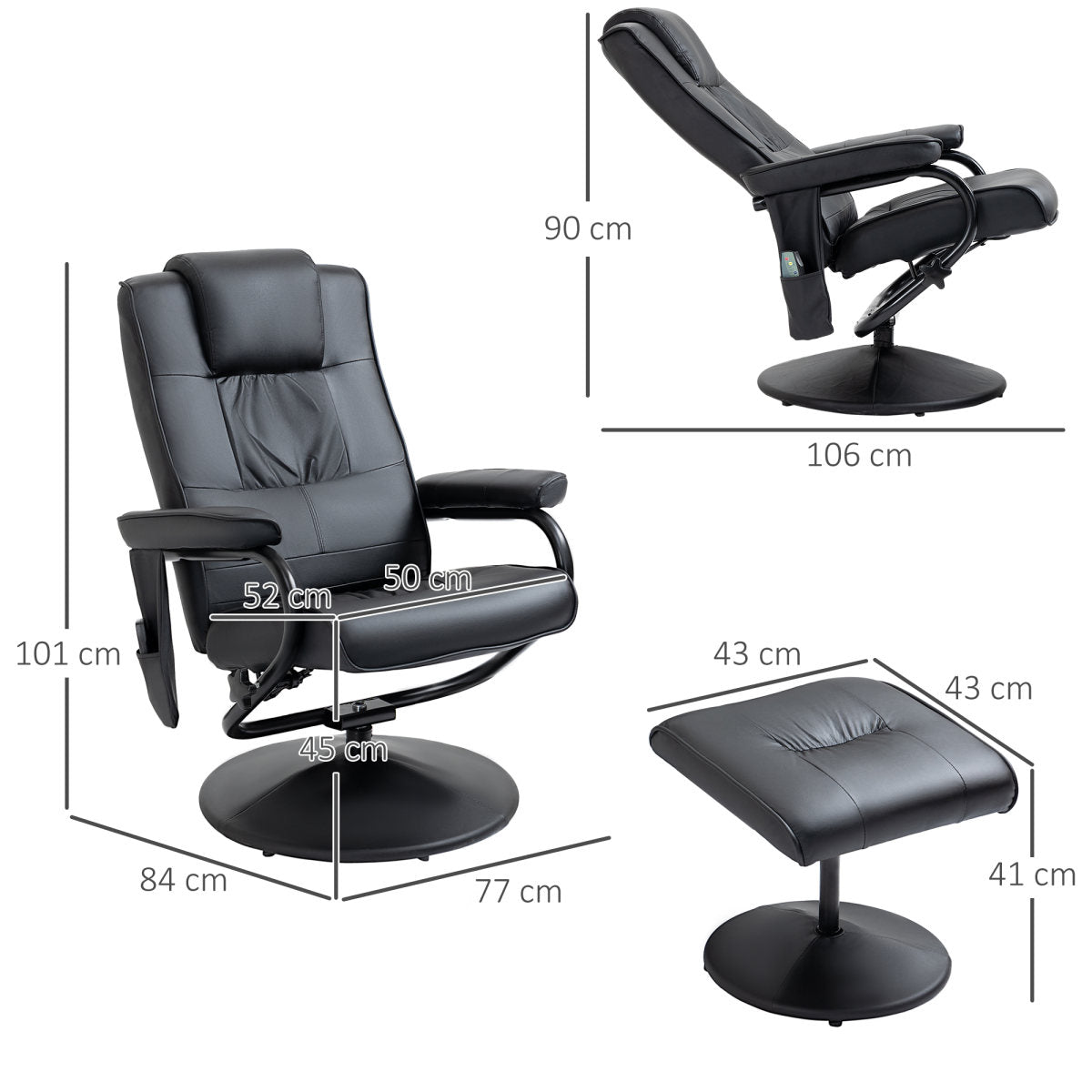 Swivel Recliner Chair And Footstool, Faux Leather Massage Recliner Armchair With Remote Control And Round Wrapped Base, Black
