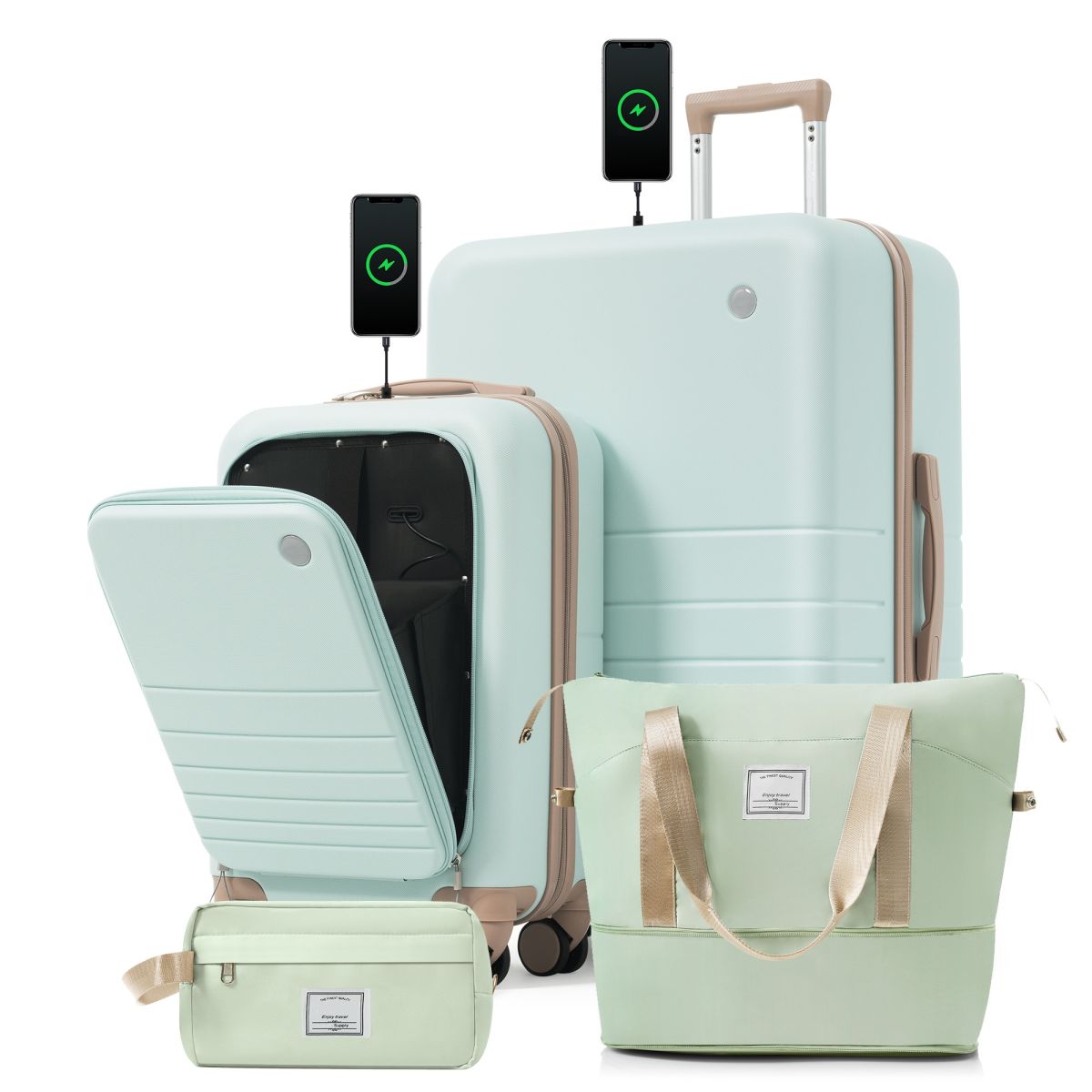 4-Piece Luggage Set with USB Charging Ports - 20in Carry-On (Front-Opening for Laptop) 28in Checked Suitcase with TSA Lock Travel Duffel Bag Wet-Dry Toiletry Bag, grey green
