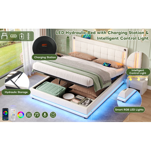 4ft6 Double LED Hydraulic Bed With Charging Station, Adjustable Square Tufted Headboard With Intelligent Control Light, Soft Velvet Bed Frame With USB And Type - C Ports, Beige