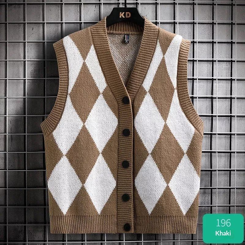 Mens Korean-style Diamond-Pattern Early-Autumn Knitted Vest For Teens