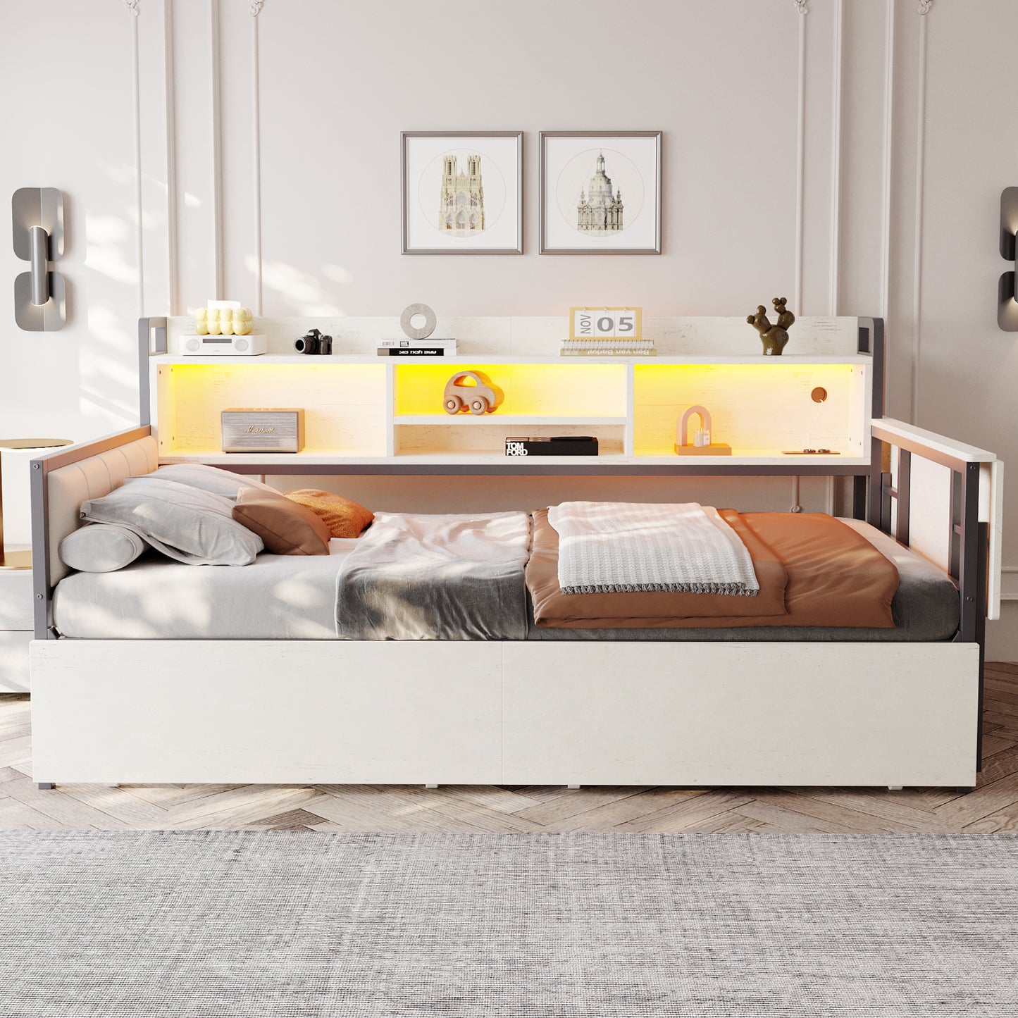 Iron Sofa Bed 90 X 200 Cm, With LED Lighting And Storage Space, With Drawers And Multifunctional Socket, Fold-out Desk, Soft Backrest, Single Bed, White