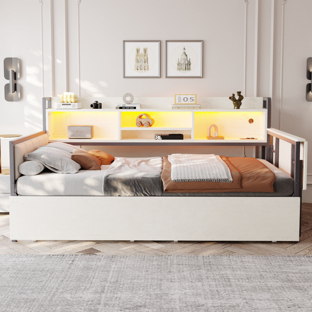 Iron Sofa Bed 90 X 200 Cm, With LED Lighting And Storage Space, With Drawers And Multifunctional Socket, Fold-out Desk, Soft Backrest, Single Bed, White