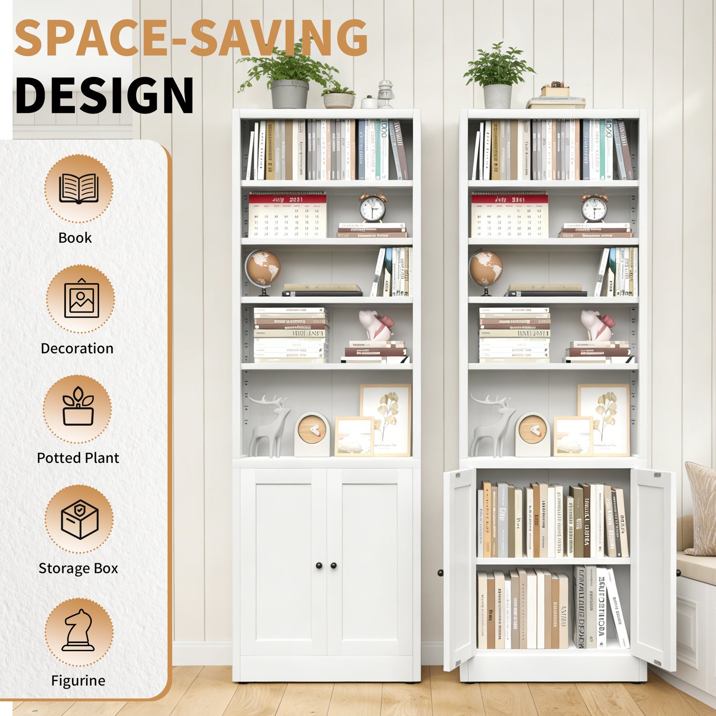 Metal Bookcase, 71 Inch Tall 5-Tier Bookshelf With Door, Industrial White Bookshelf With Adjustable Shelves, 9.2  Deep Storage Shelf For Living Room, Office, Library, Modern Home Furniture