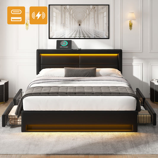 Upholstered Bed 140 X 200 Cm, With USB Port  Supports Wireless And Wired Charging , With LED Lighting And Four Drawers, Without Mattress, PU Lychee Pattern, Black OLD SKU 3256256AAS