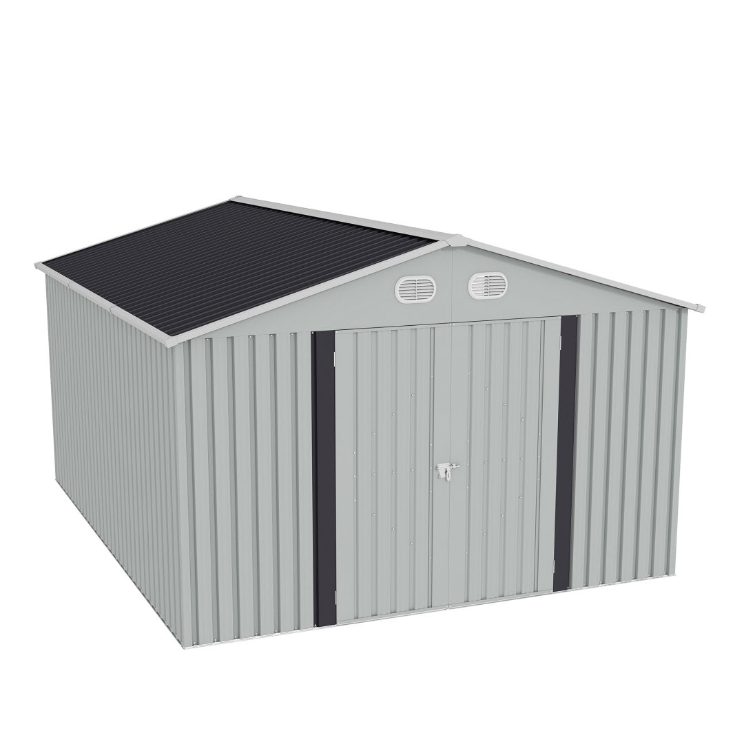 10x12 FT Outdoor Metal Storage Shed, Large Storage Sheds With Sturdy Frame Structure, Metal Garden Tool Shed With Lockable Door For Garden,Gift A Foldable Flower Pot Stand, Backyard, WHIT