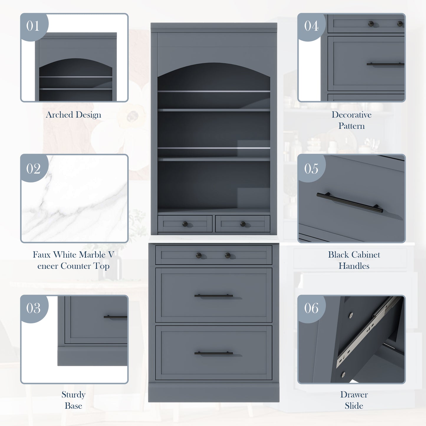 TOPMAx Modern 83.7inch High Kitchen Pantry  Freestanding Tall Kitchen Hutch With Faux Marble Top  Cupboard Cabinet With 5 Storage Drawers And Adjustable Shelf  Set Of 2  Gray