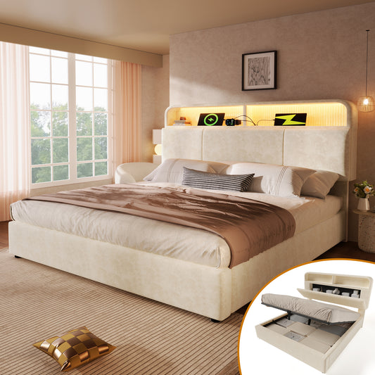 Upholstered Bed Double Bed 180x200 Cm With Height-adjustable Storage Headboard, Hydraulic Bed With LED Lighting & USB Type-C Charging Station, Velvet, Beige, Incl. Slatted Frame  Without Mattress