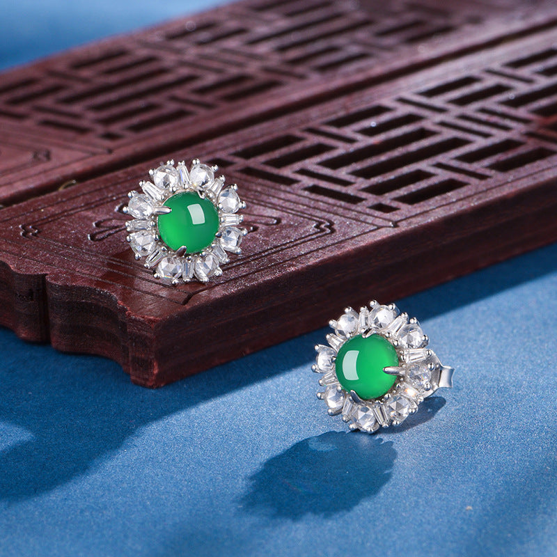 S925 Sterling Silver Flower Stud Earrings, 6mm Round Green Chrysoprase, Platinum Plated 3.2g Elegant Women's Jewelry With Gift Box Set