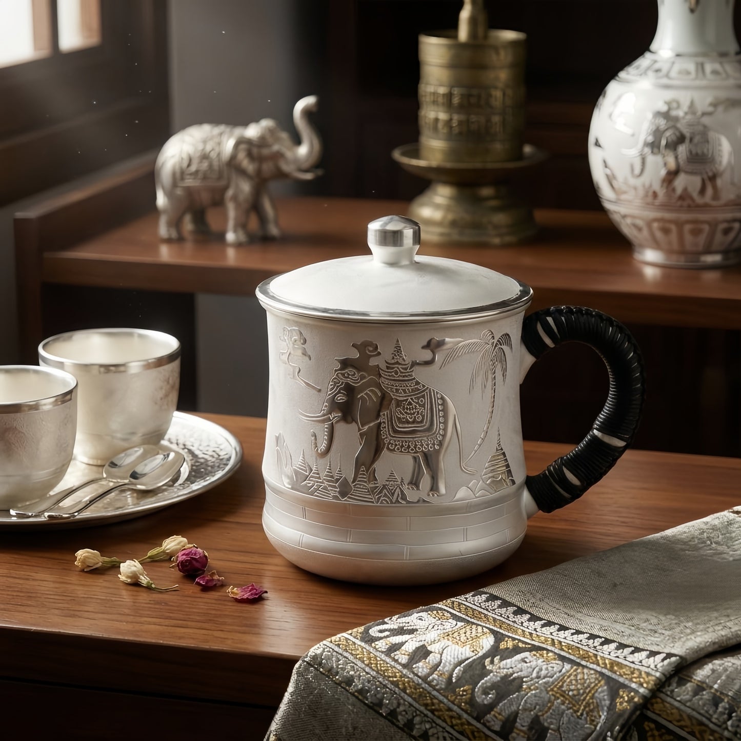 925 Sterling Silver Elegant White Ceramic Mug with Intricate Elephant Temple Engraving and Braided Black Handle-Premium Tea Mug - Handicraft