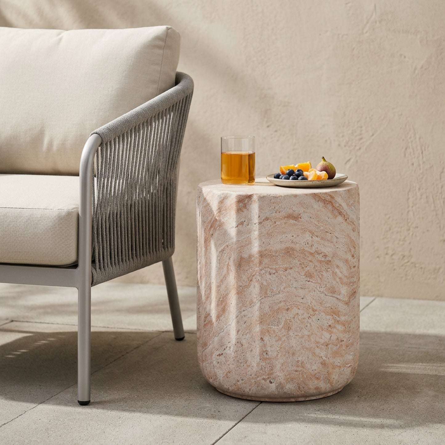 Outdoor Indoor Lightweight Concrete Side Table,Cylinder Travertine Finish Accent Table