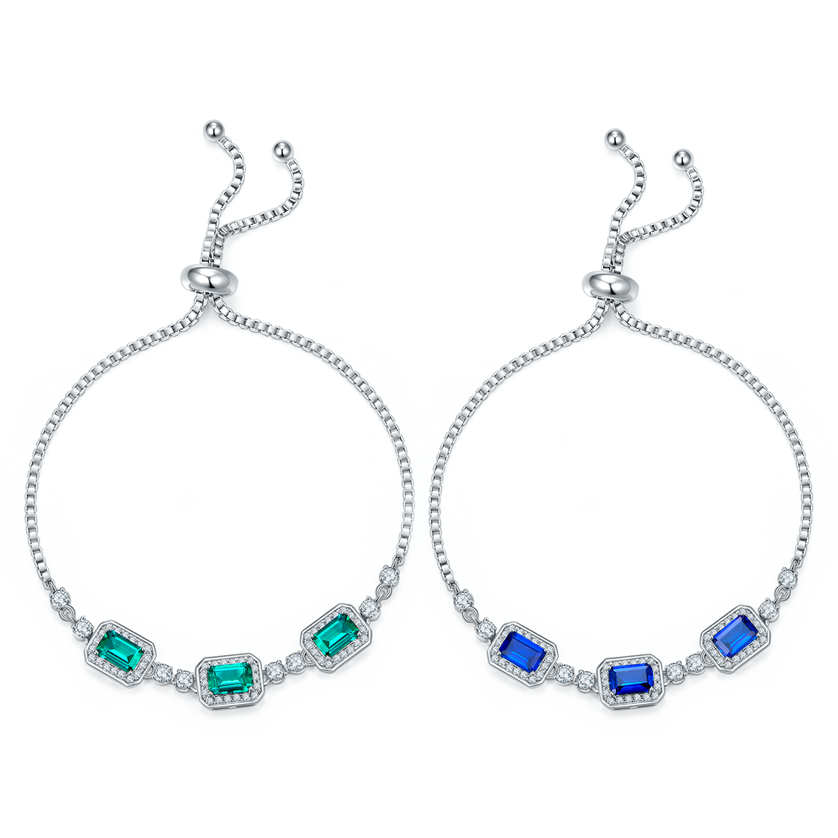 S925 Sterling Silver Adjustable Bolo Bracelet, 6x4mm 3-Stone Lab-Grown Emerald Sapphire Halo, 21cm Platinum Plated 6.2g Women's Jewelry Gift Box