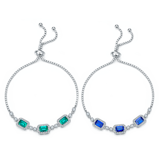 S925 Sterling Silver Adjustable Bolo Bracelet, 6x4mm 3-Stone Lab-Grown Emerald Sapphire Halo, 21cm Platinum Plated 6.2g Women's Jewelry Gift Box