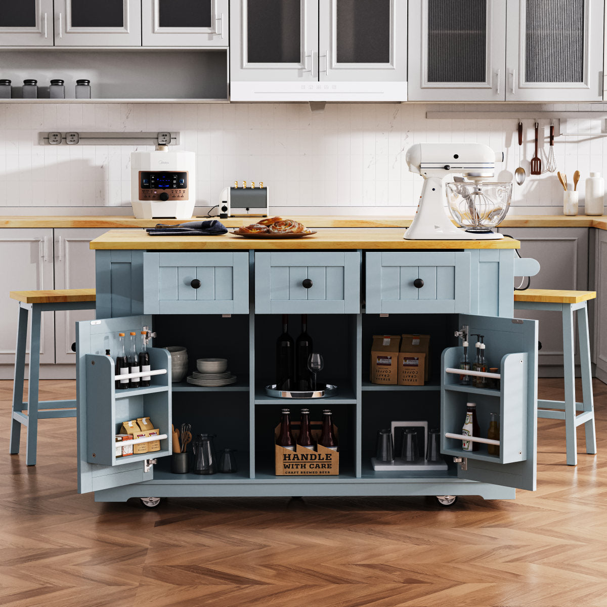 K&K 53inch Large Kitchen Island With Drop Leaf,Power Outlet,Door Internal Storage Rack,Rolling Kitchen Cart On 5 Wheels With 5 Open Side Racks For Kitchen,Grey Blue Two Packages  Stools Not Included