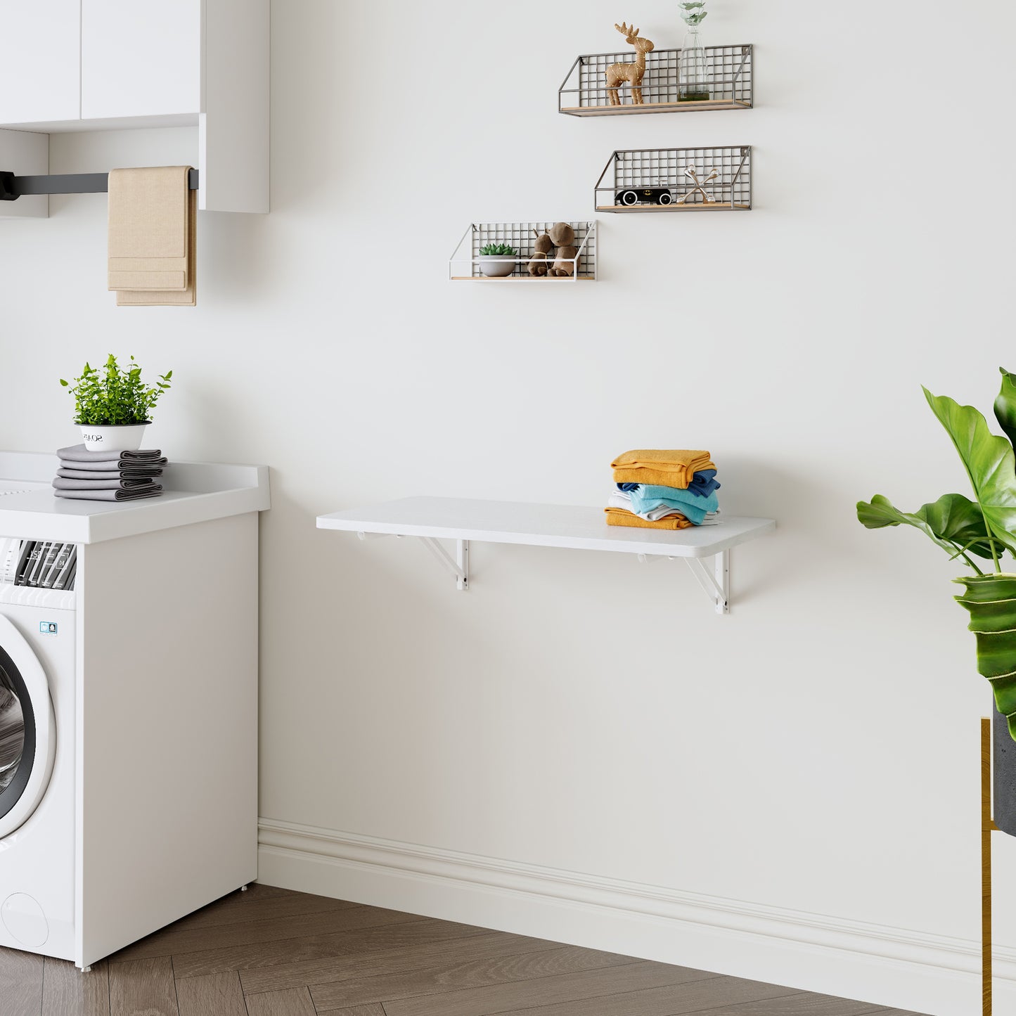 Wall Mounted Folding Table, Floating Desk For Laundry Room, Fold Down Table For Small Space, Foldable Wall Desk For Kitchen, Bathroom, Bedroom, White