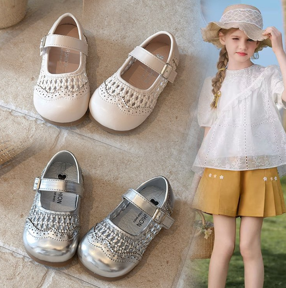 2026 Spring Summer New Korean Style Girls Hollow Out Leather Sandals, Woven Style Princess Shoes, Kids Soft Sole Breathable Versatile Flats