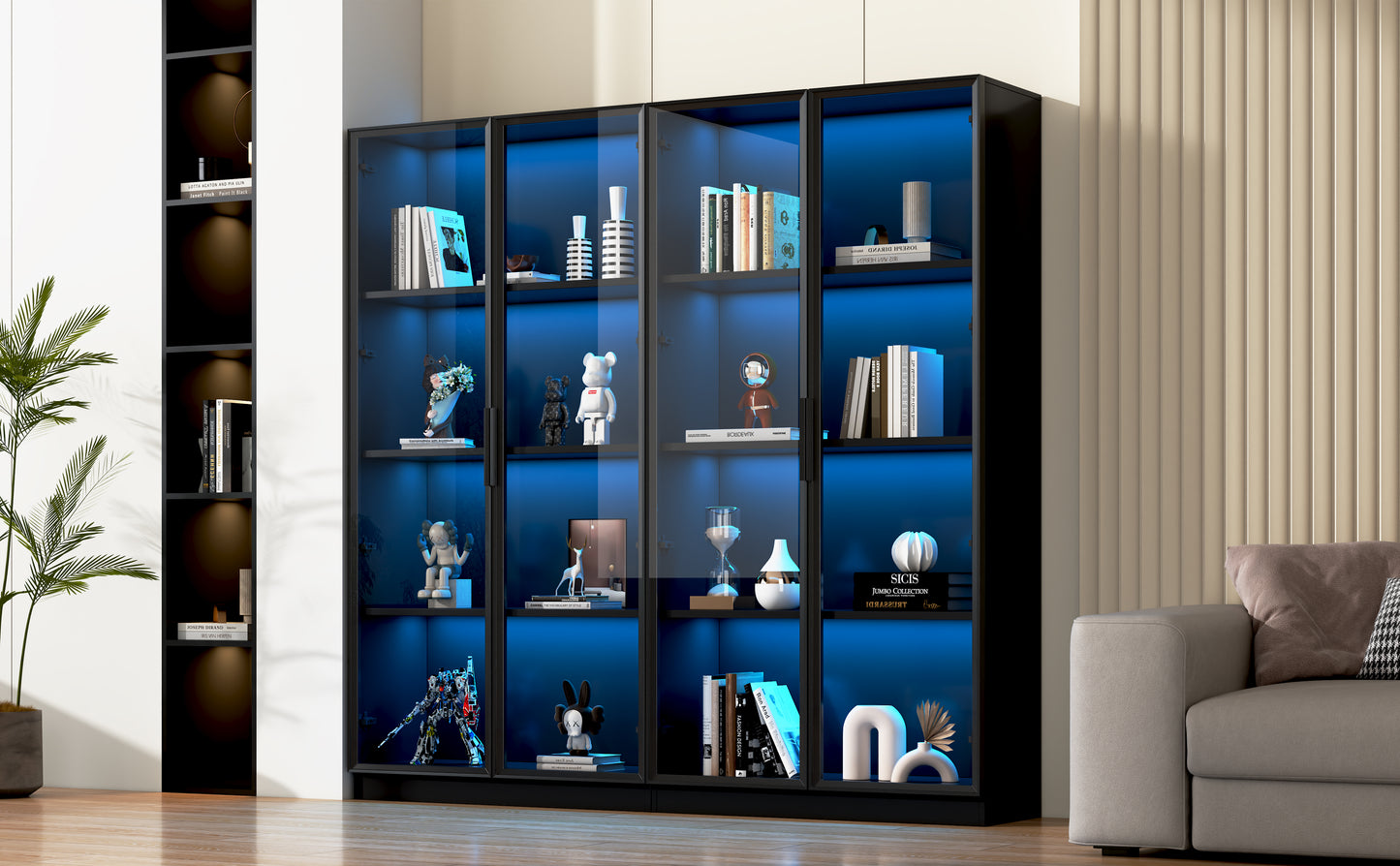 Glass Display Cabinet With APP Controlled LED Lighting, 4 Door Storage Cabinet With Rolling Shelves, Living Room Tall Cabinet, Freestanding Display Cabinet, Bathroom Cabinet