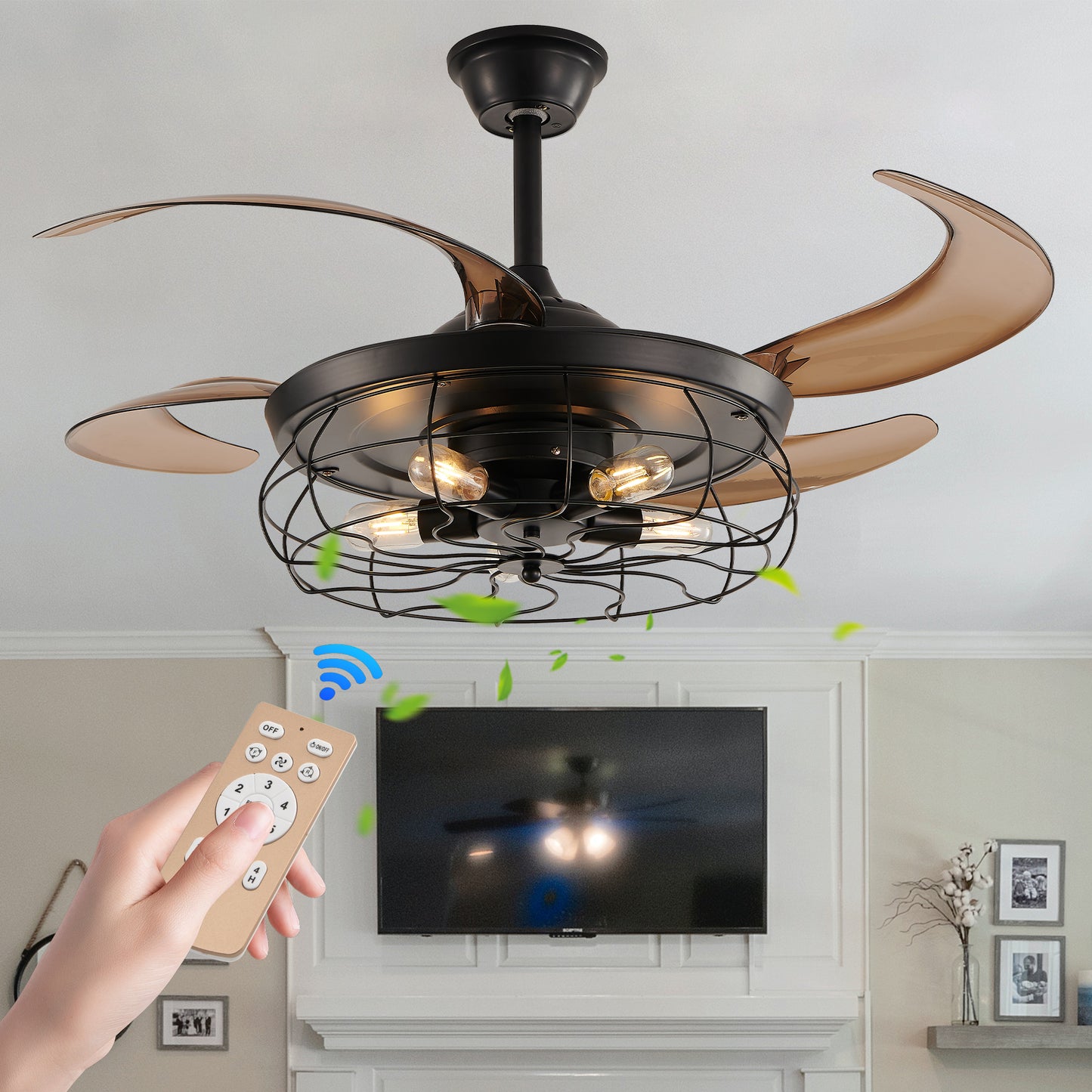 48  Black Remote Control Ceiling Fan Light   Industrial 4-Blade Fan With Cage Design And Adjustable Speed For Living Room, Bedroom, Or Office  Silent 6-Speed Reversible DC Motor Bulb Not Included