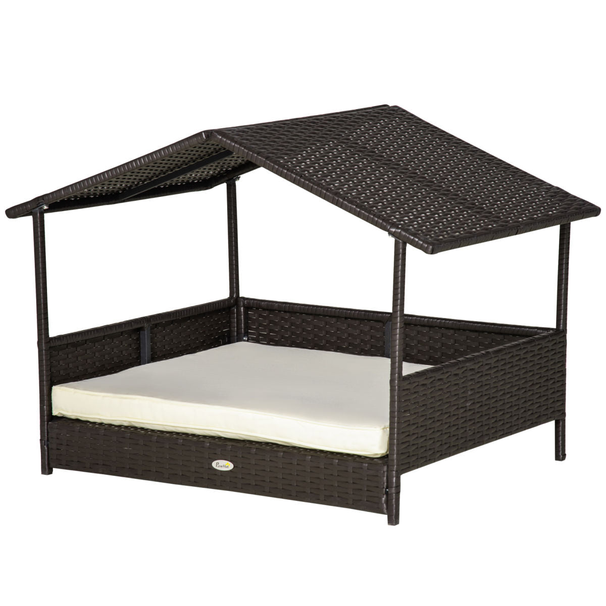 PawHut Wicker Dog House, Rattan Pet Bed, With Removable Cushion, Canopy, For Small And Medium Dogs - Cream