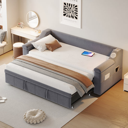 Upholstered Bed Sofa Bed, 90 180x190 Cm, Armrests Wider And Thicker, With Smart Bluetooth Stereo System With USB Charging Port, With Storage Compartments, With Slatted Base, Velvet Fabric, Grey