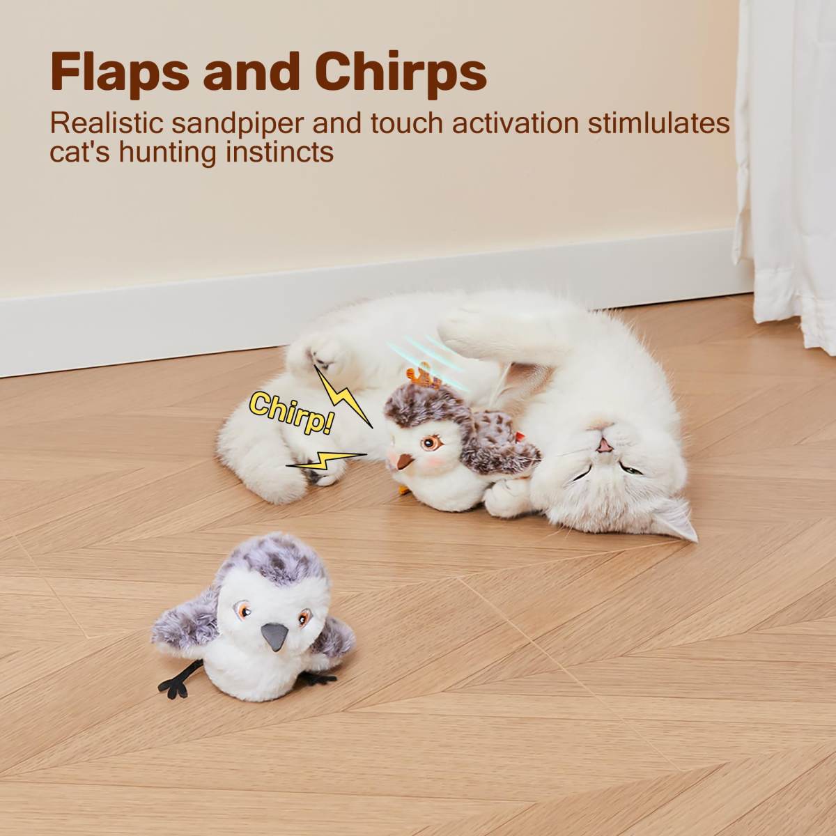 Cat Toys Flapping Sandpiper Pair-Mate  Lifelike Birds Chirp, Chargeable Touch Activated Kitten  Interactive Kitty Exercise With Catnip For All Breeds