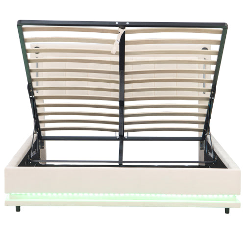 4ft6 Double LED Hydraulic Bed With Charging Station, Adjustable Square Tufted Headboard With Intelligent Control Light, Soft Velvet Bed Frame With USB And Type - C Ports, Beige