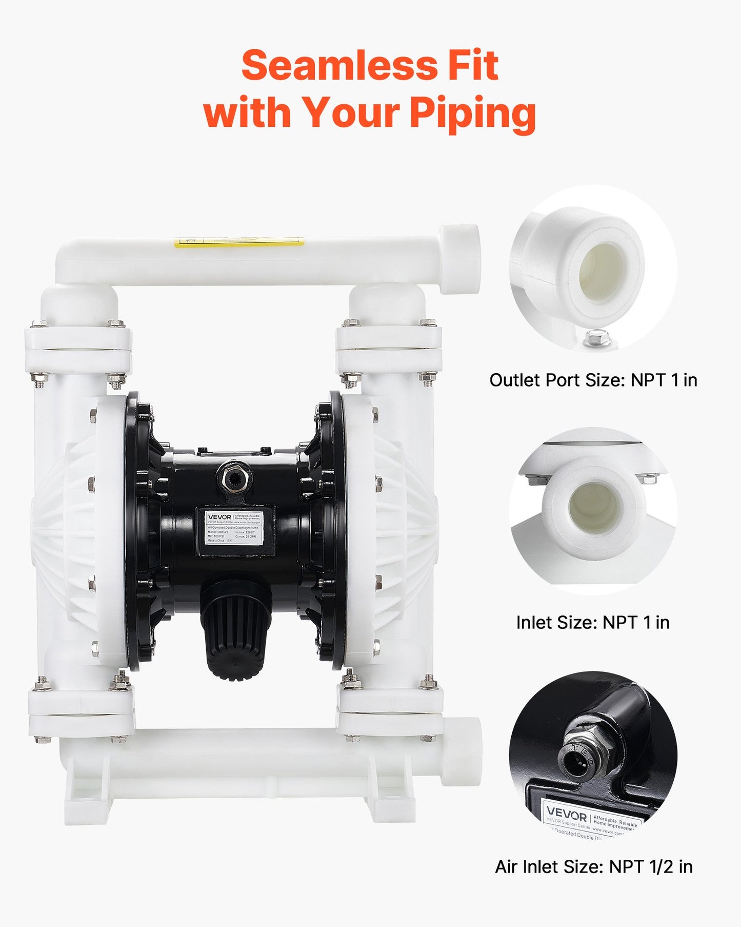 Air Operated Double Diaphragm Pump, 25 GPM, 1 Inch Inlet & Outlet Pneumatic Waste Oil Transfer Pump, Max 100 PSI, Polypropylene Body, Air-Operated For Diesel, Grease, Kerosene, Gasoline & Oil