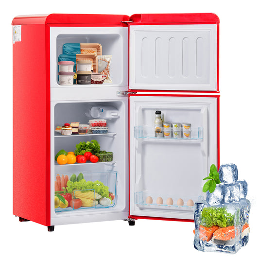 Retro Fridge. Freezer Combination. 88.8 Cm High, 45.5 Cm Wide, Two-door, With A Total Volume Of 60 Litres, A Freezer Volume Of 22 Litres. 102 KWh Year, -27 C  13 C, LED Light. Premium Red Energy Clas