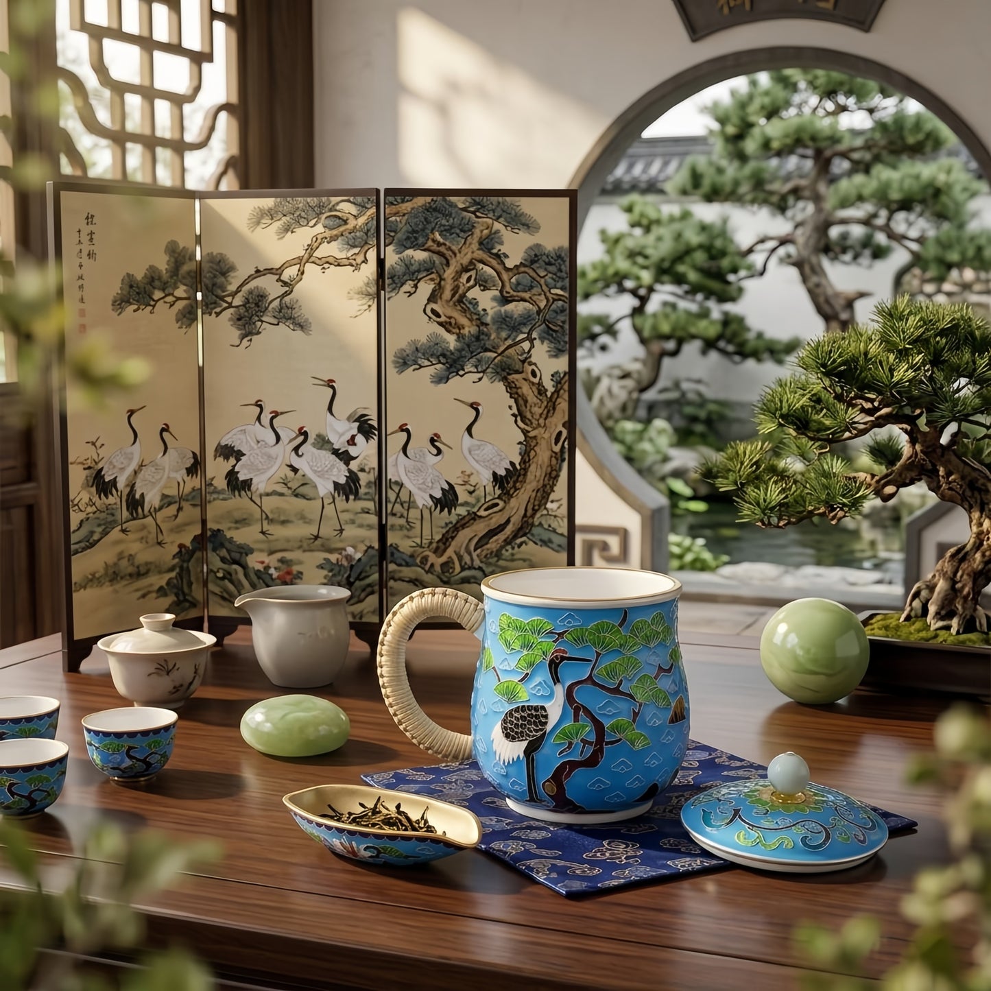 925 Sterling Silver Hand-Painted Blue Cloisonné Crane and Pine Tree Tea Mug with Rattan Handle - Handicraft
