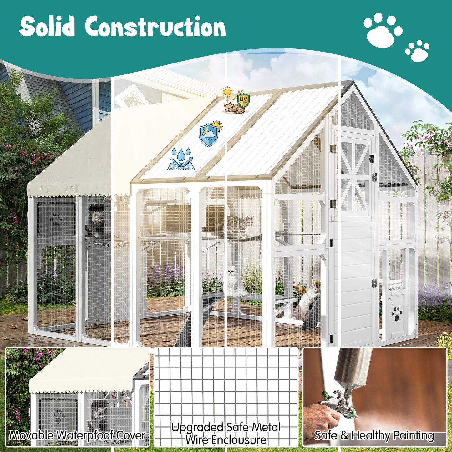 Extra Large Catio Outdoor Cat Enclosure, Walk-in Outdoor Pet House For Multiple Cats, Catio Cat Run Cage With Bridges, PVC Roof, Weatherproof  Cover, 8 Platforms, 2 Resting Box, White And Grey