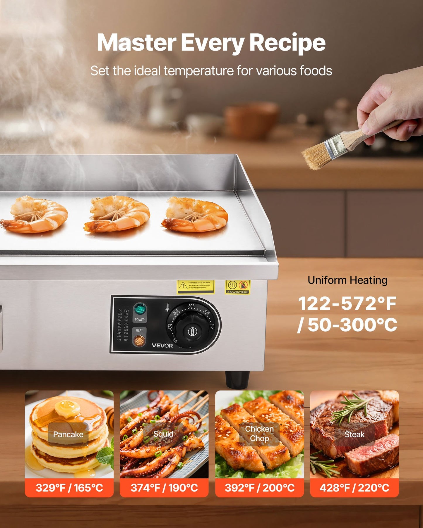 Commercial Electric Griddle, 21.06 X 11.81 Inch, 3200W, 122-570°F Adjustable Temp Control, Stainless Steel Body, Full Flat, With 2 Spatulas, 2 Brushes, And 4 Foot Pads, For Steak, Pancake
