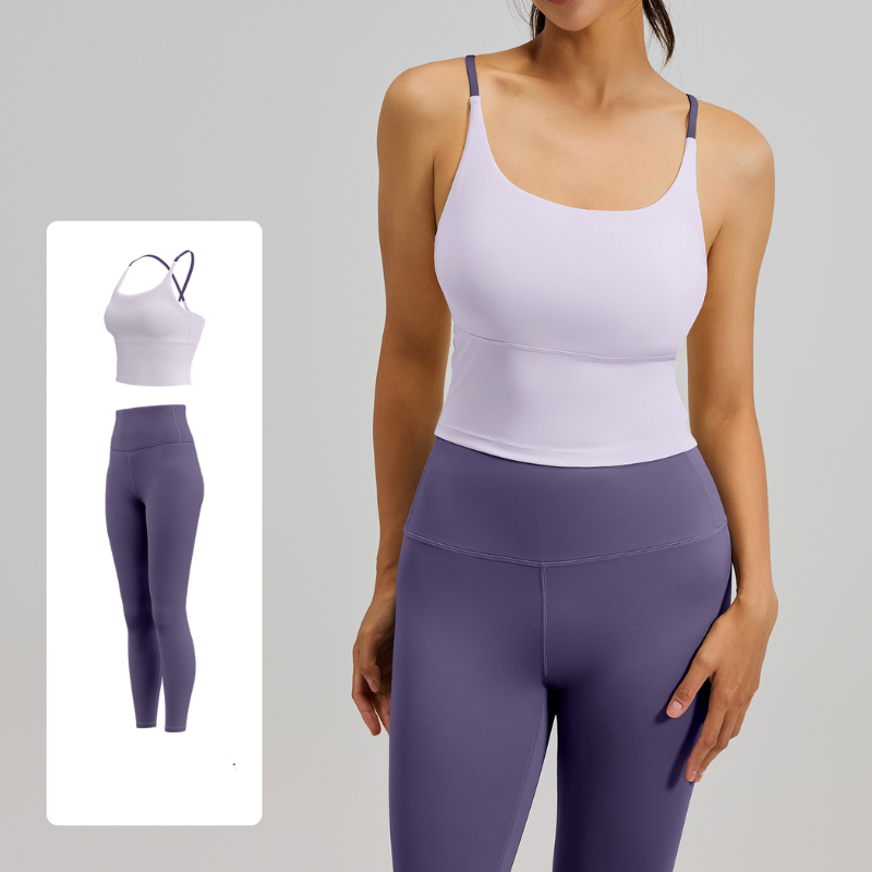 Women's Two-Piece Sports Fitness Outfit With Camisole Top & Long Pants, Color Block Shockproof Yoga Wear For Indoor Training