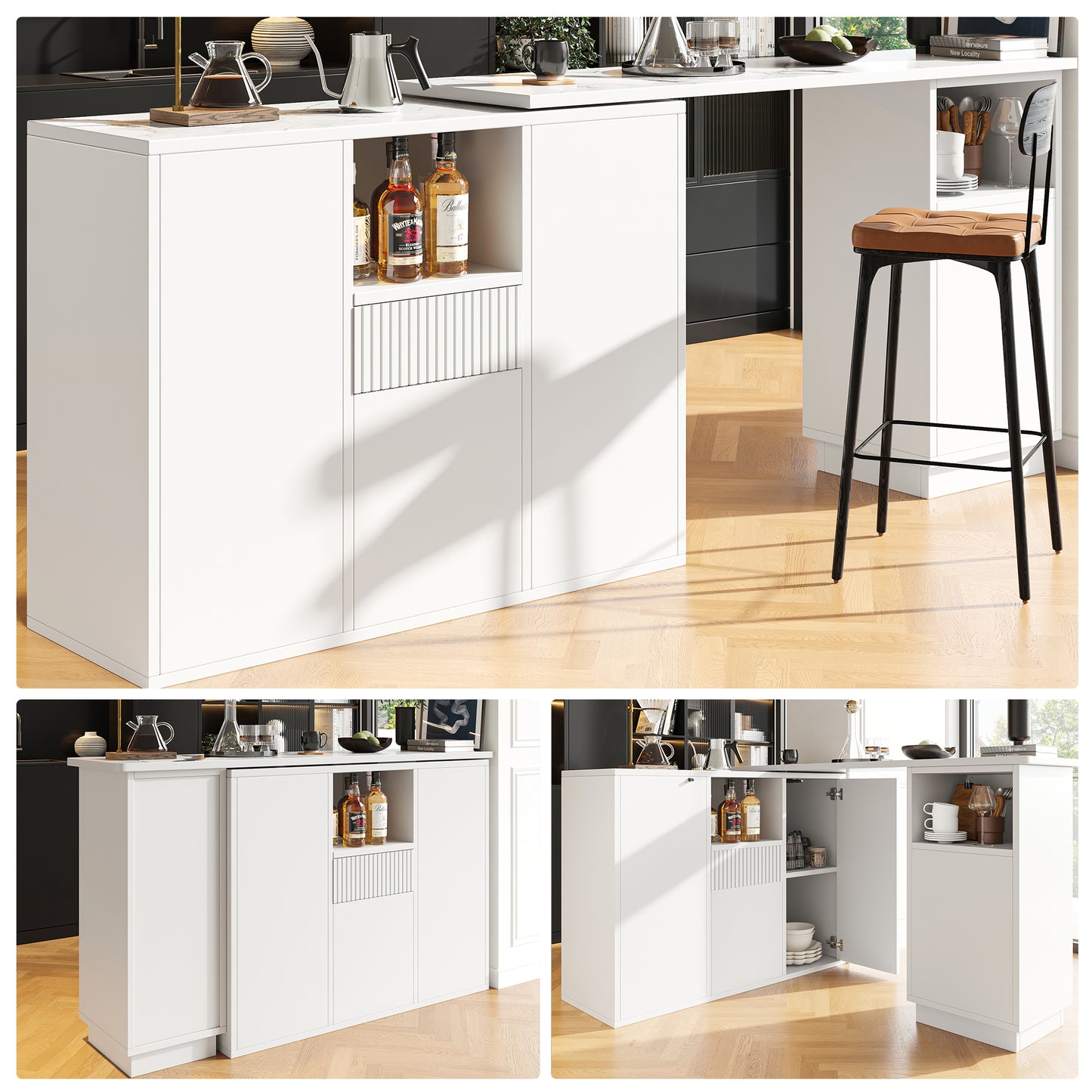 360 Swivelling Bar Table Main Body 198.5 X 30 X 75 Cm Modern And Sleek Design, With Open Storage Space And Marble Worktop, Suitable For Kitchen, Living Room And Dining Room, White