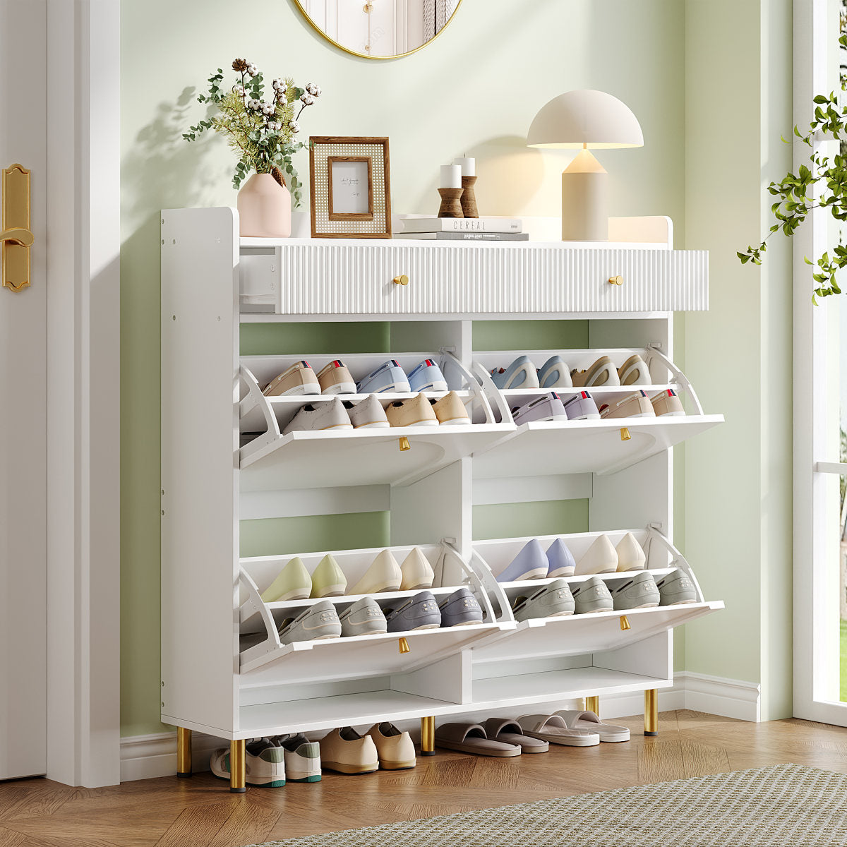 Narrow Shoe Cabinet With 4 Flip Doors And 2 Drawers, Adjustable Shelves, Metal Handles, Top Shelf For Organized Storage, Space-Saving Storage For 16-20 Pairs, White, 106.5 X 25 X 105.5 Cm